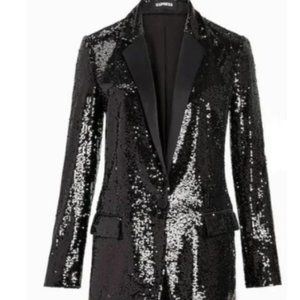 Express Black Sequin One Button Boyfriend Blazer Black Never Worn sz L